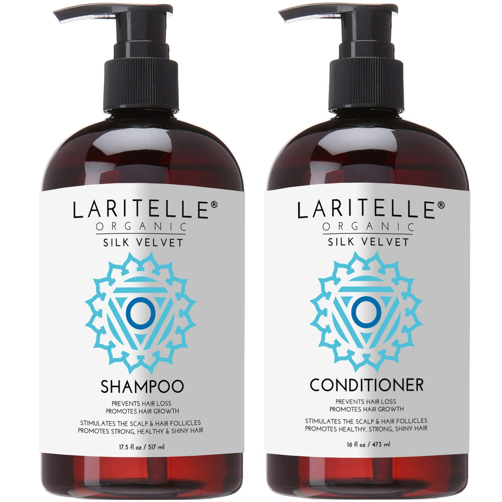 Laritelle Silk Velvet Shampoo bottle with organic oils promoting scalp nourishment and hair strength.