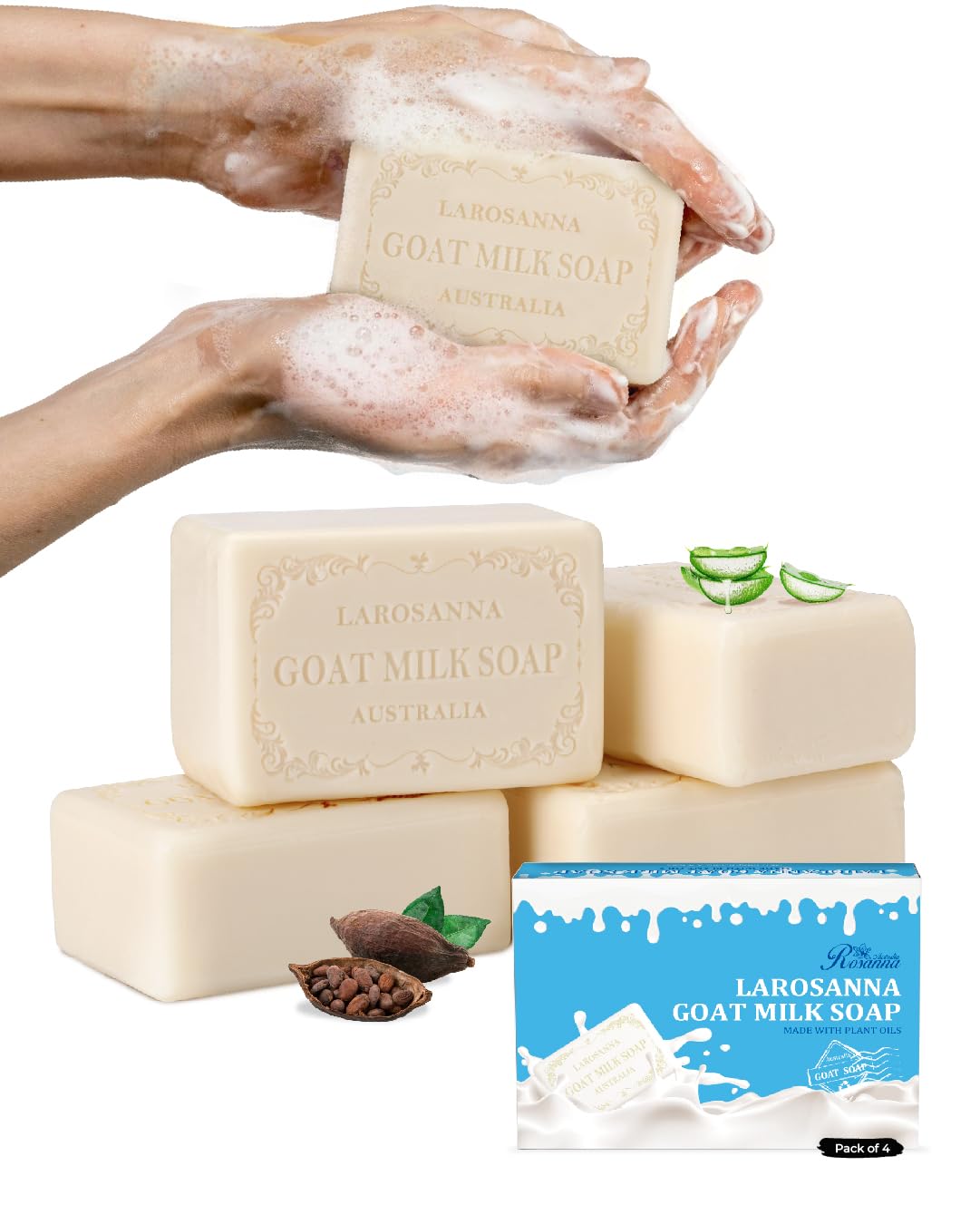 LAROSANNA packaging shows goat milk soap with eco-friendly design.