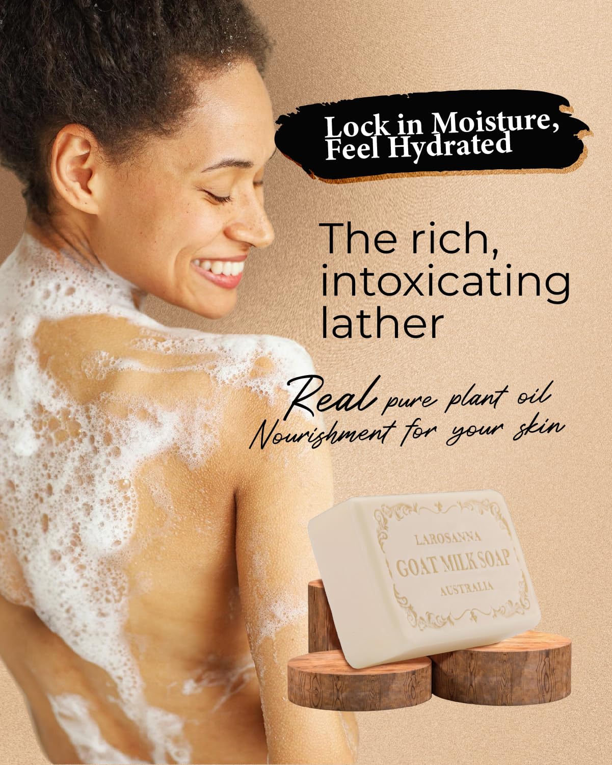 Larosanna goat milk soap bar lather close-up highlights creamy texture and skin-friendly feel.