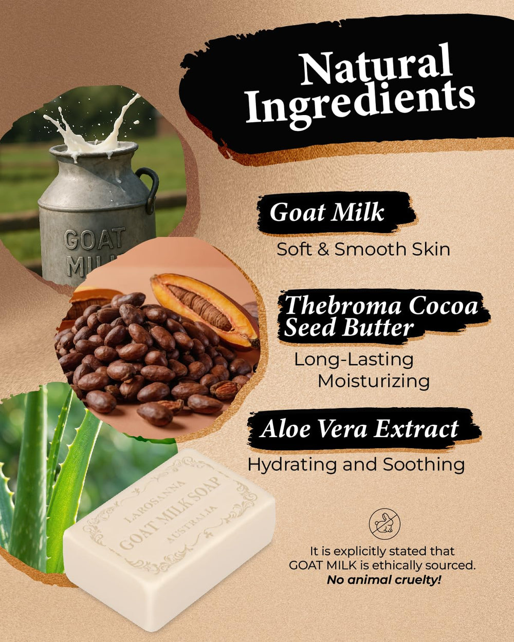 Larosanna goat milk soap cocoa butter cream reveals rich lather and nourishing aroma.