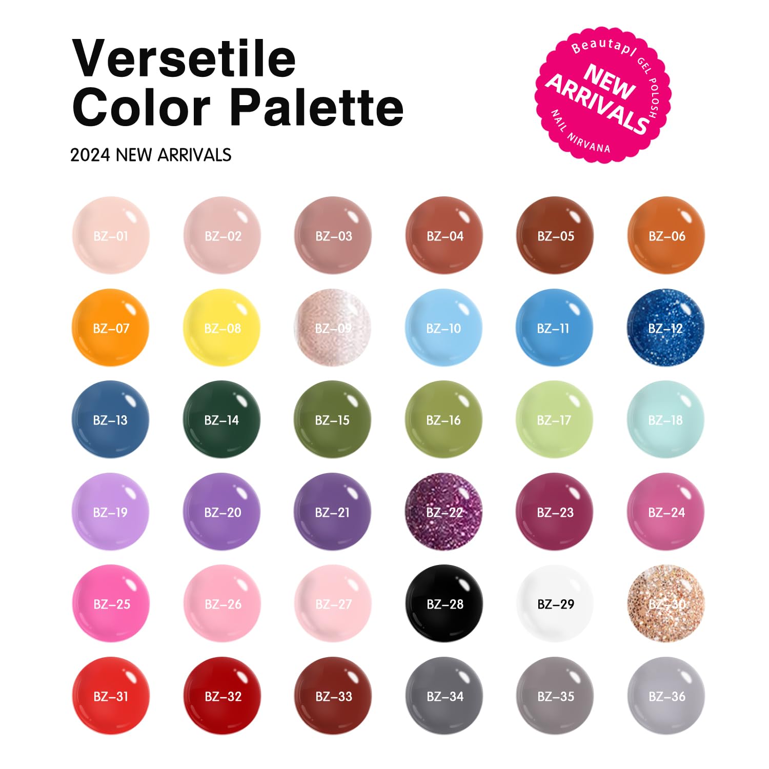 Larvall Beautpal 36-colors swatches showing spectrum for daily wear and events.