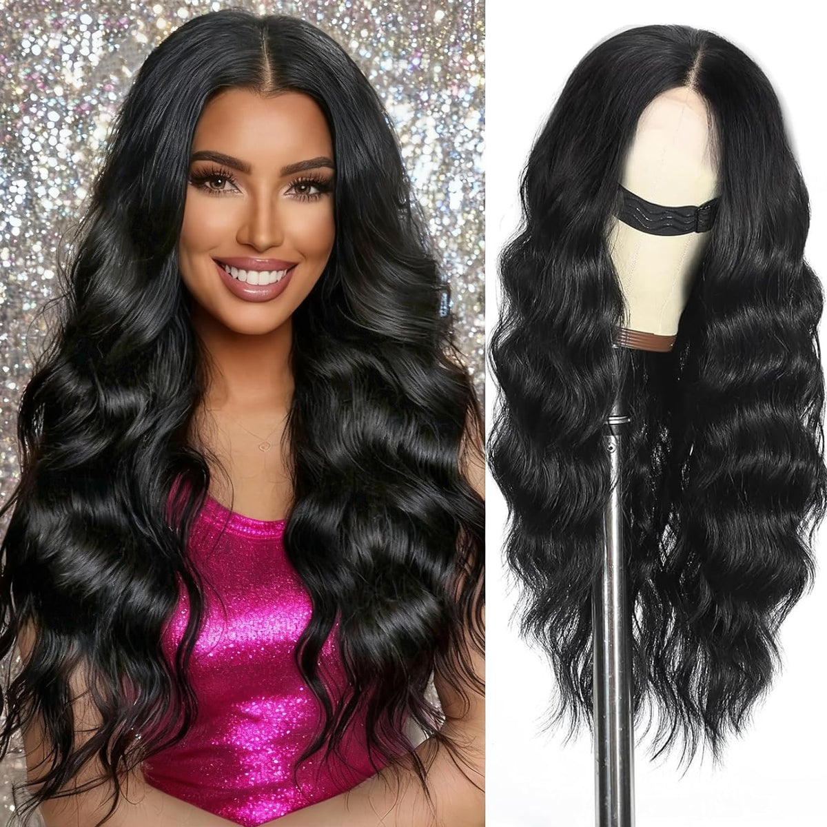 Lasescuch long black wig front view with natural hairline and part for realistic styling.
