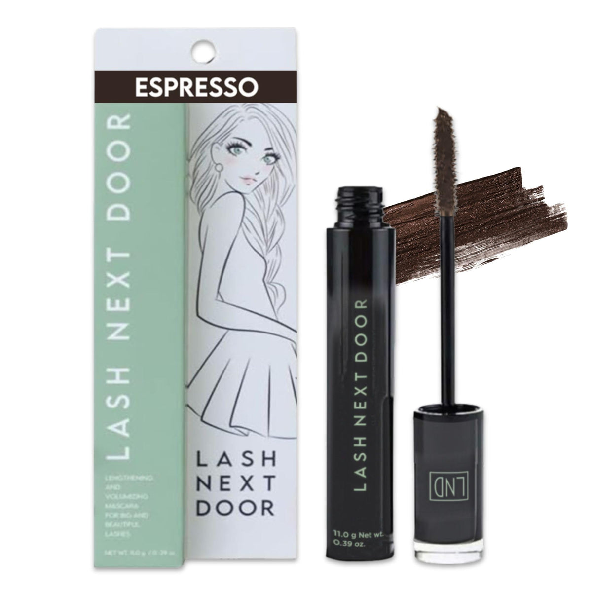 Lash Next Door Espresso Brown Mascara tube showing smooth, clump-free finish.