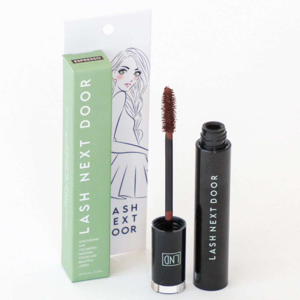 Lash Next Door Espresso Brown wand applying length and definition without flaking.