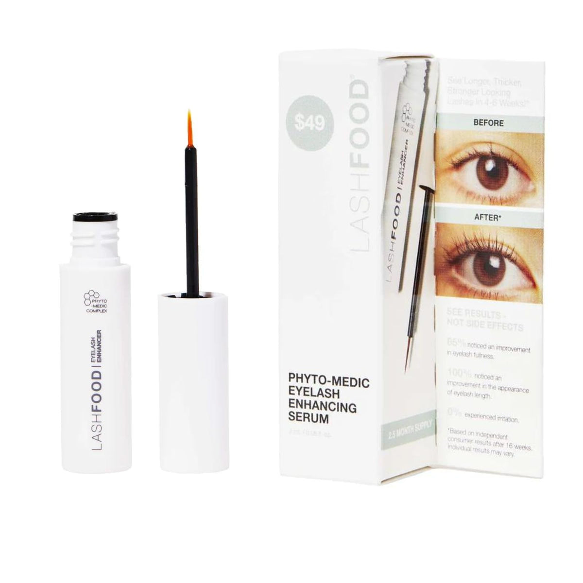 LashFood bottle close-up showing premium growth enhancer for longer lashes