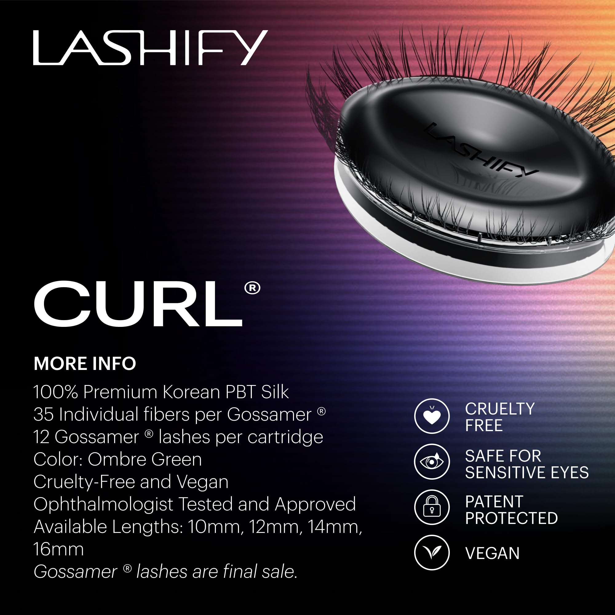 Lashify 100% Korean PBT Silk Ombre Green lashes offer smooth texture for easy wear.
