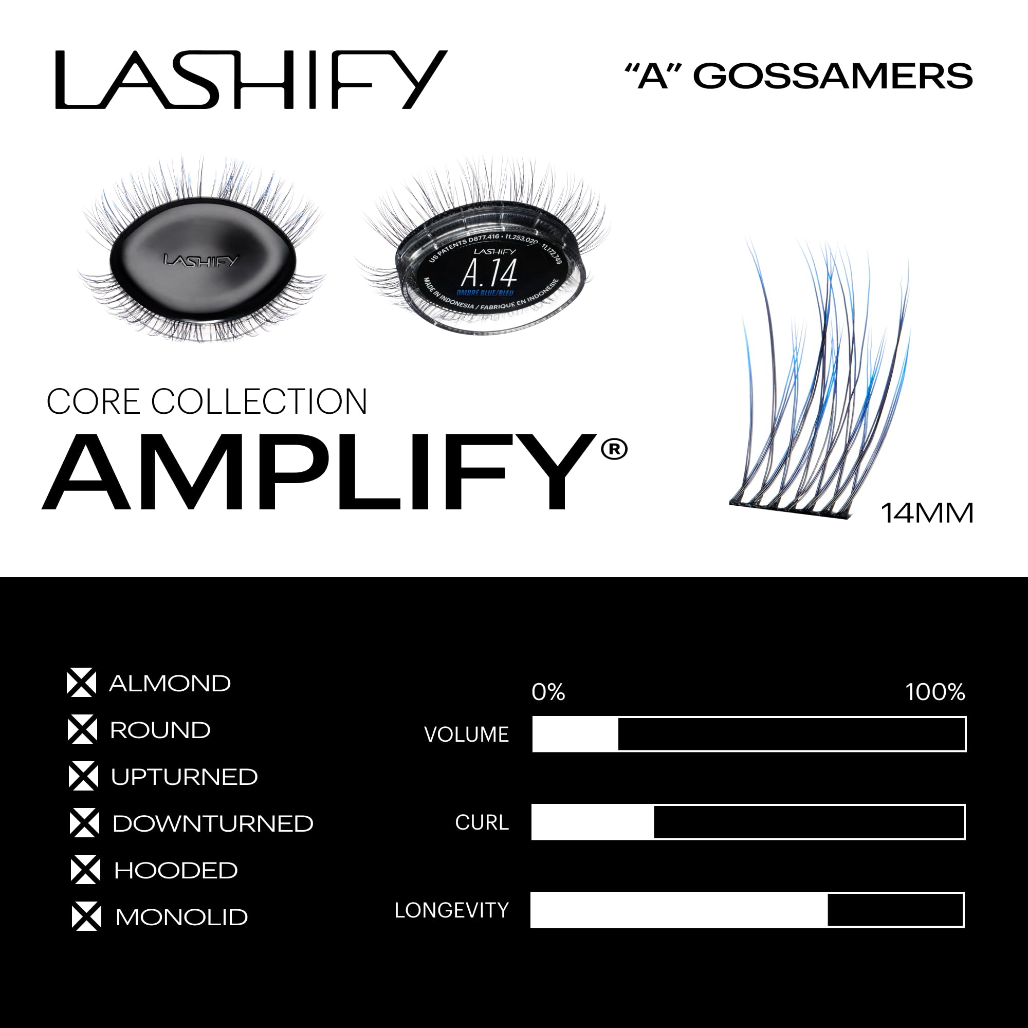 Lashify Amplify 14mm Ombre Blue Gossamer close-up; premium silk feel.