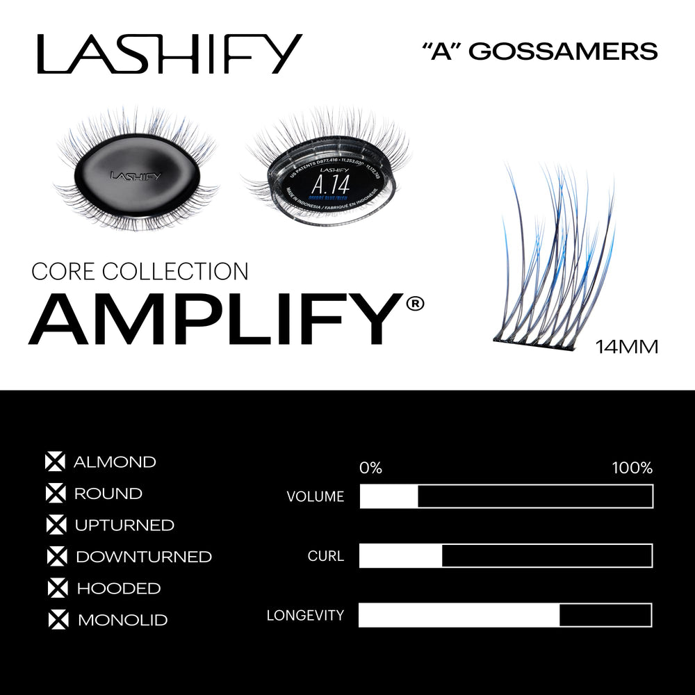 Lashify Amplify 14mm Ombre Blue Gossamer close-up; premium silk feel.