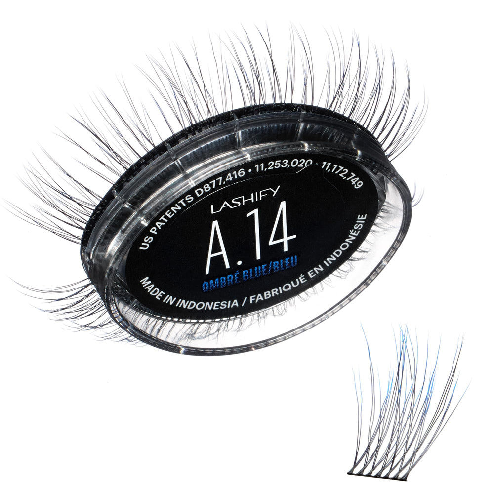 Lashify Amplify 14mm Ombre Blue Gossamer lashes cartridge adds subtle color enhancement.