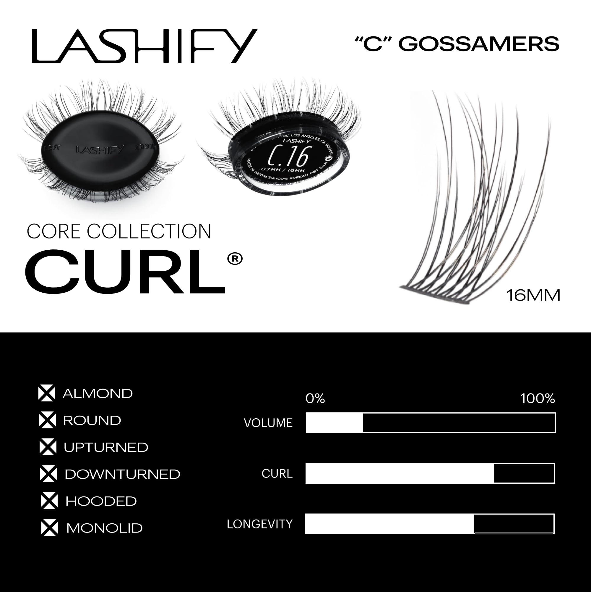 Lashify Curl 16mm Gossamer natural-look lashes create a subtle enhancement.