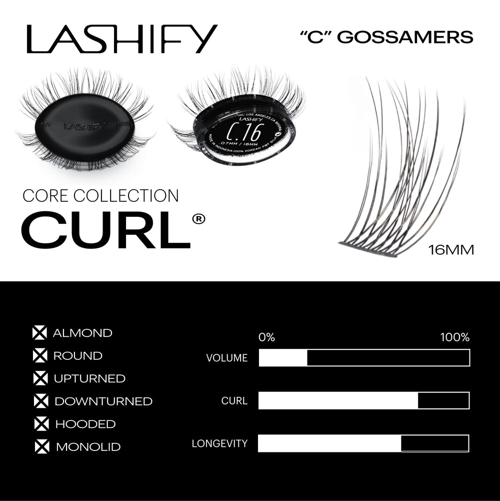 Lashify Curl 16mm Gossamer natural-look lashes create a subtle enhancement.