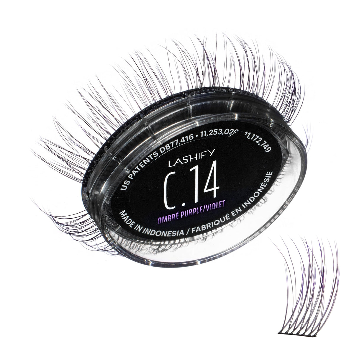 Lashify Curl Gossamer 14mm Ombre Purple closeup shows subtle color pop for natural lashes.