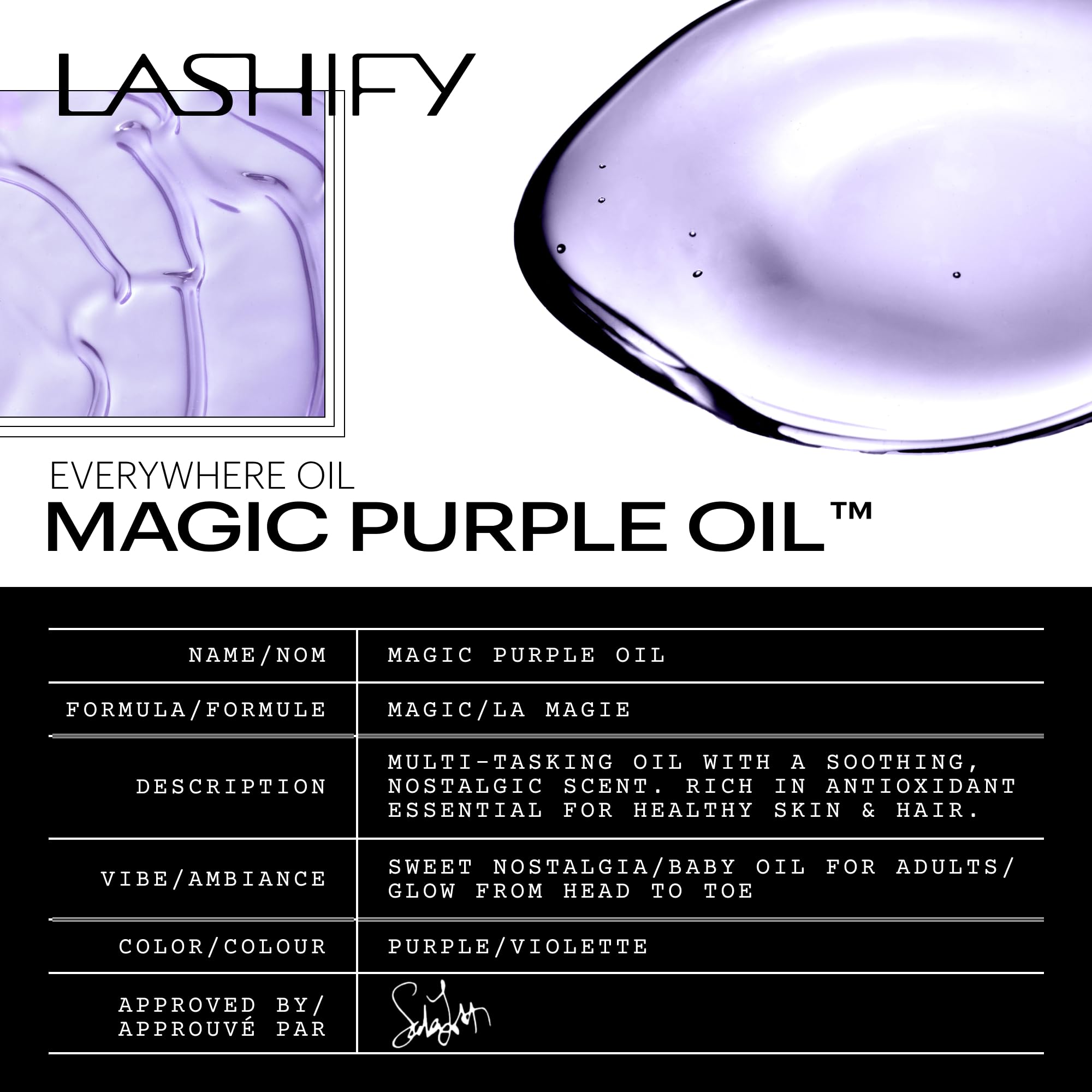 Lashify Magic Purple Oil applied to body for soft, hydrated skin.