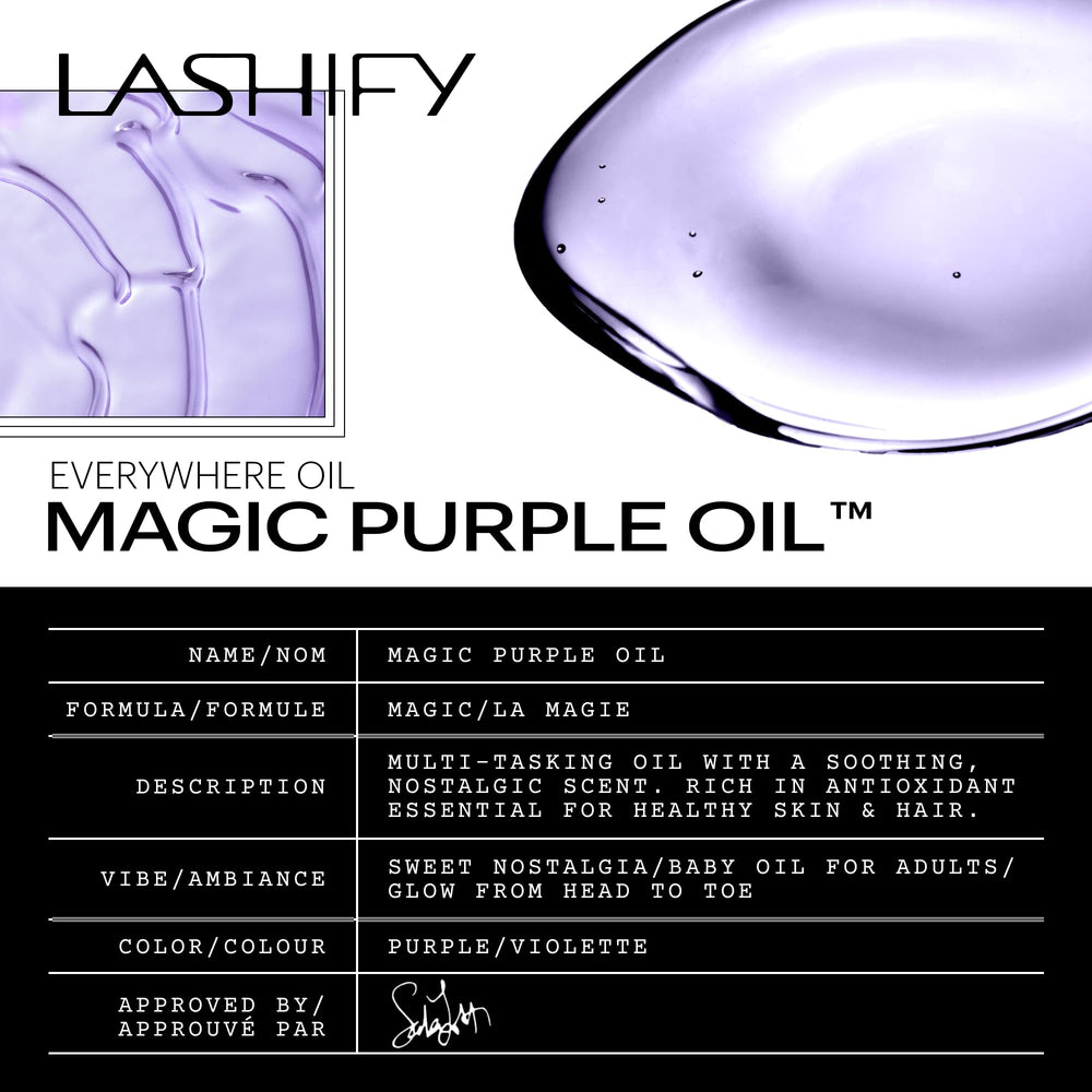 Lashify Magic Purple Oil applied to body for soft, hydrated skin.