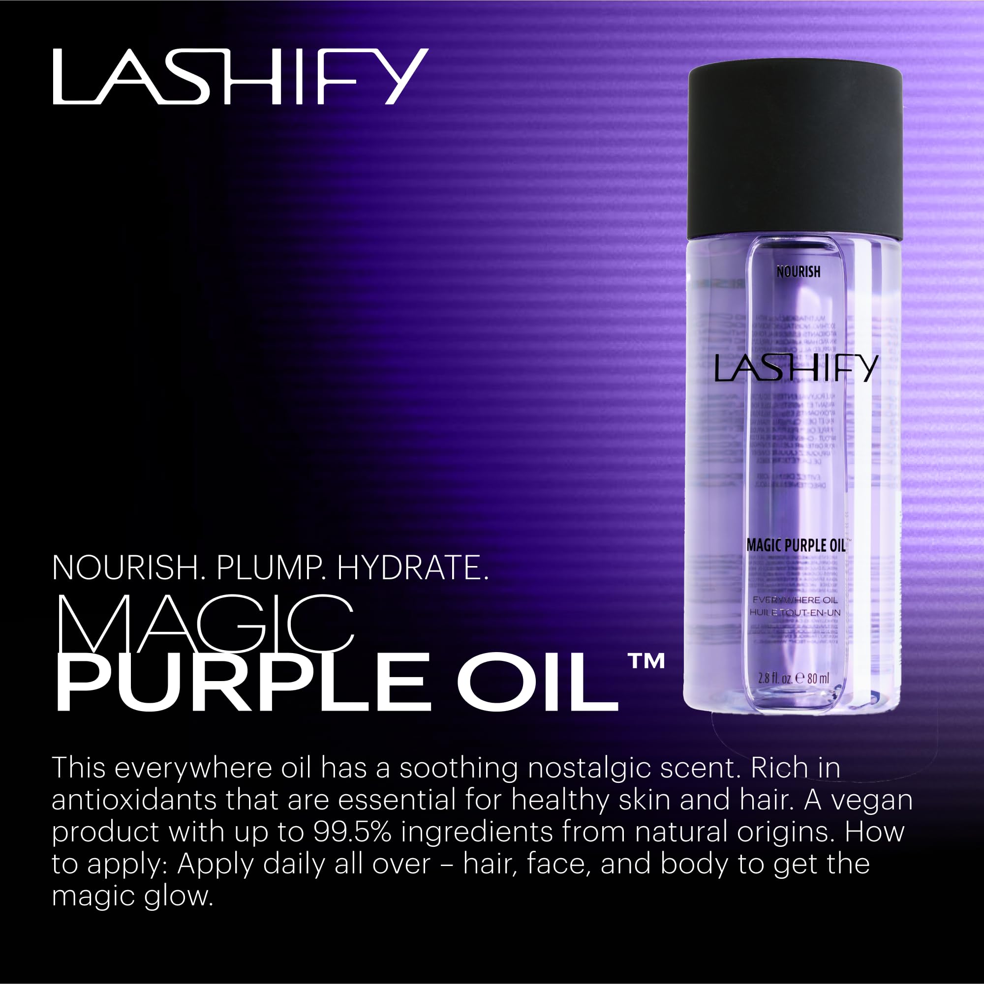 Lashify Magic Purple Oil on hair to tame frizz and smooth strands.