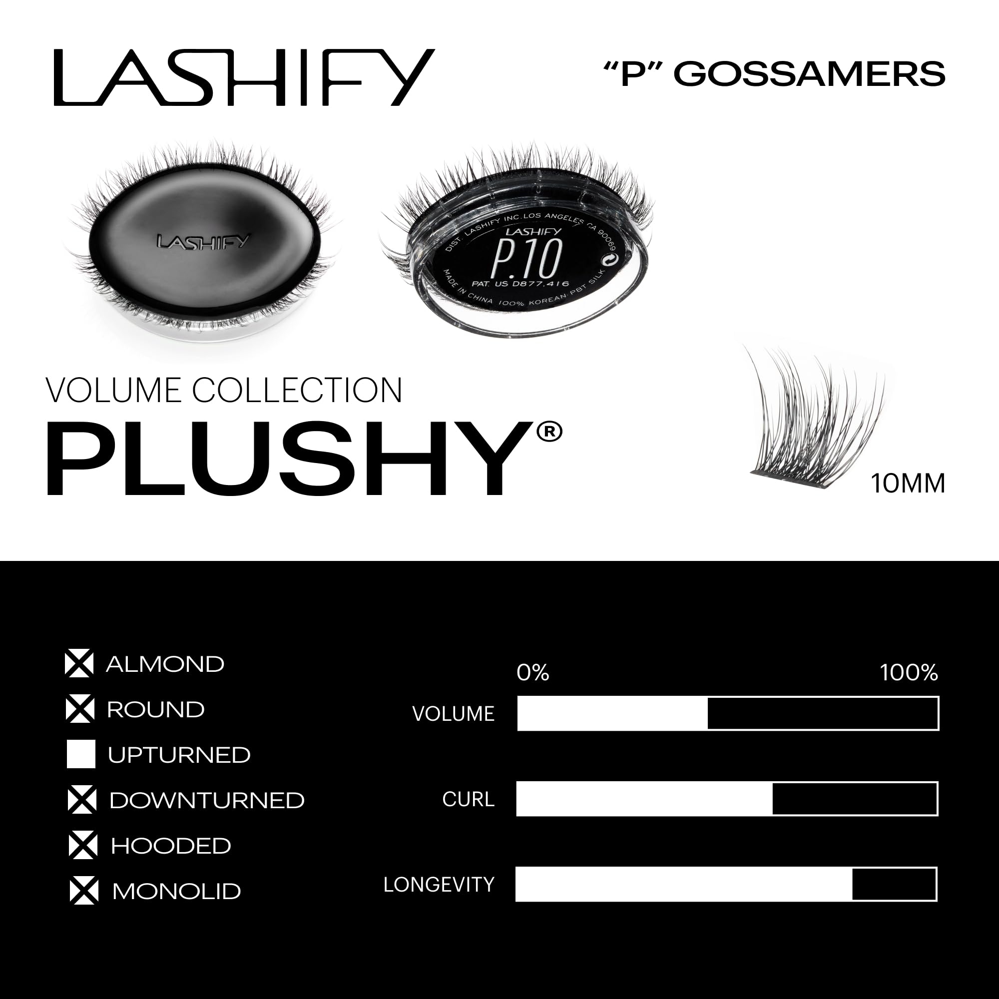 Lashify Plushy 10mm Gossamer lashes flat spinebase — enhanced longevity and shape.
