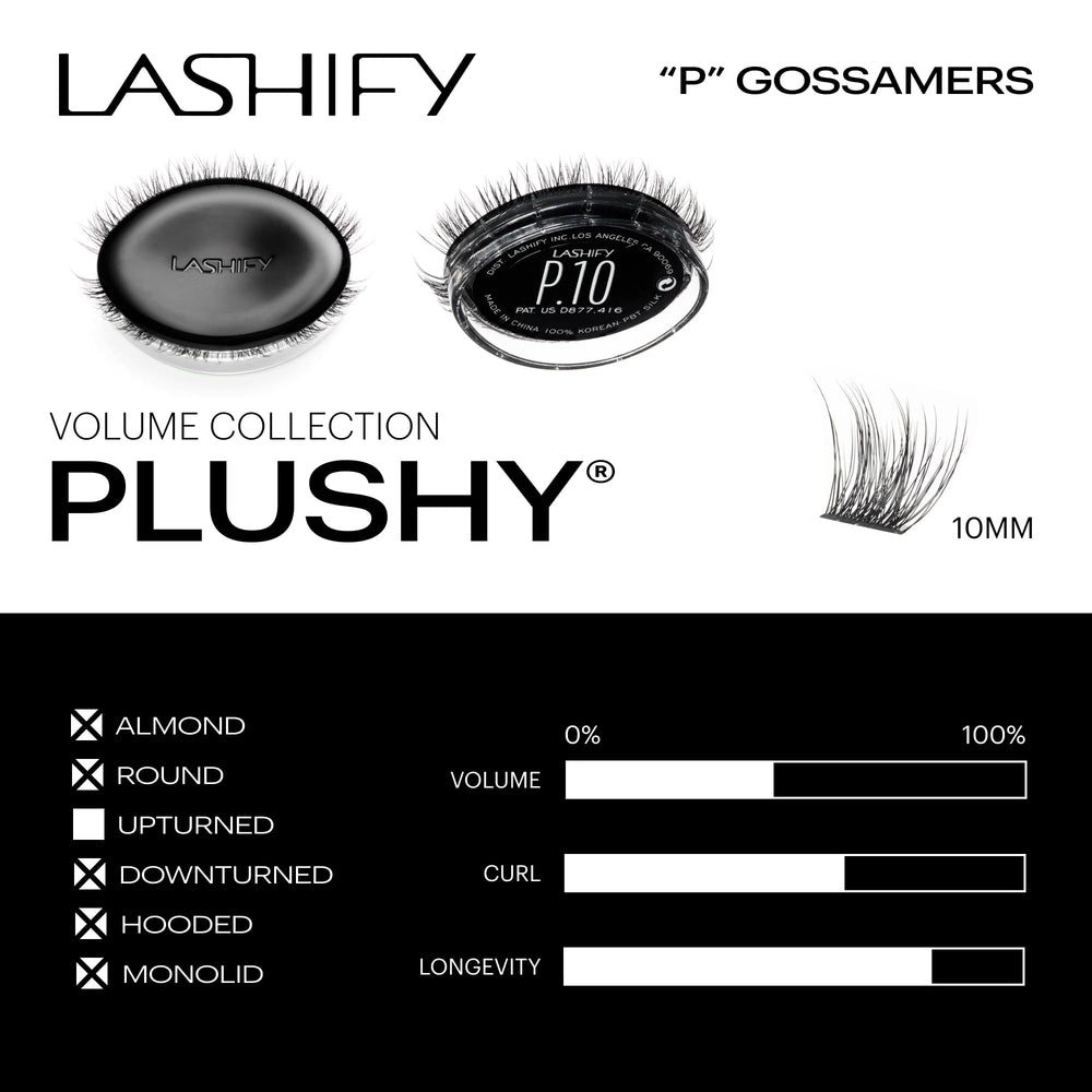 Lashify Plushy 10mm Gossamer lashes flat spinebase — enhanced longevity and shape.