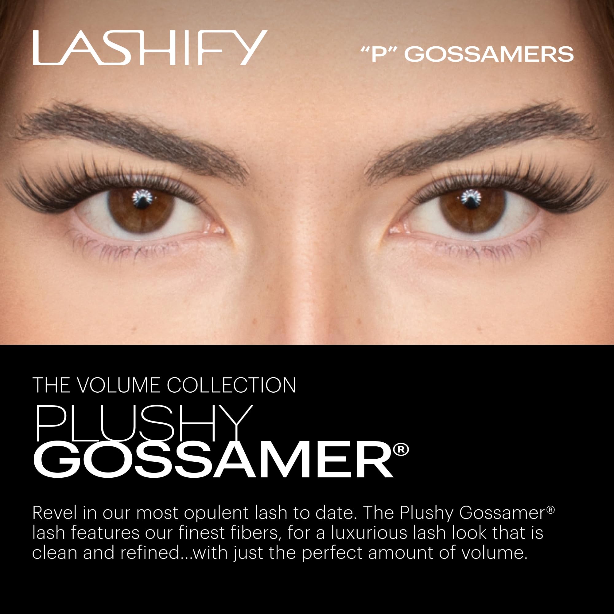 Lashify Plushy gossamer chocolate fibers deliver soft fullness and light wear.