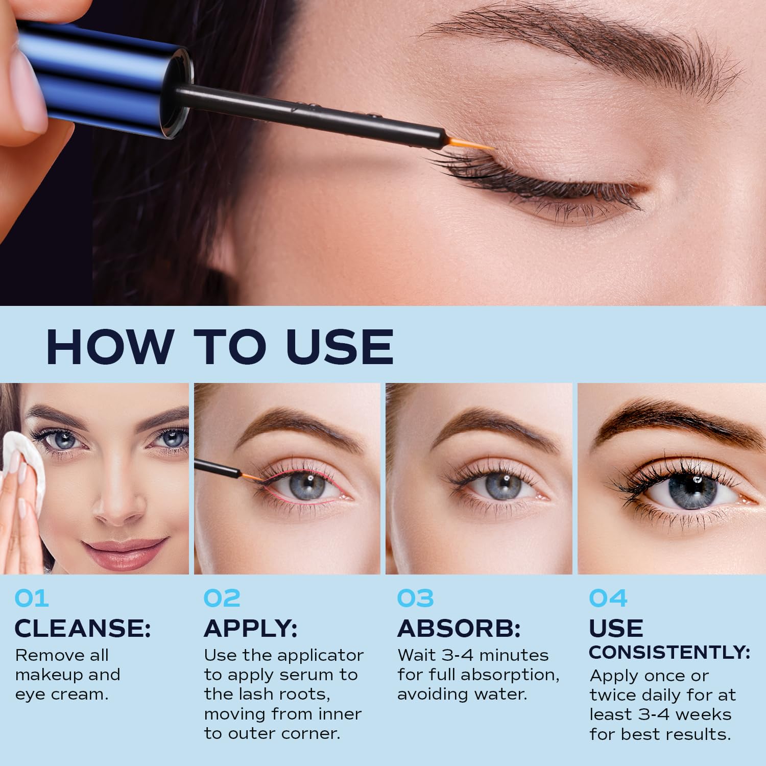 Clear serum gliding onto lashes for a smooth daily routine