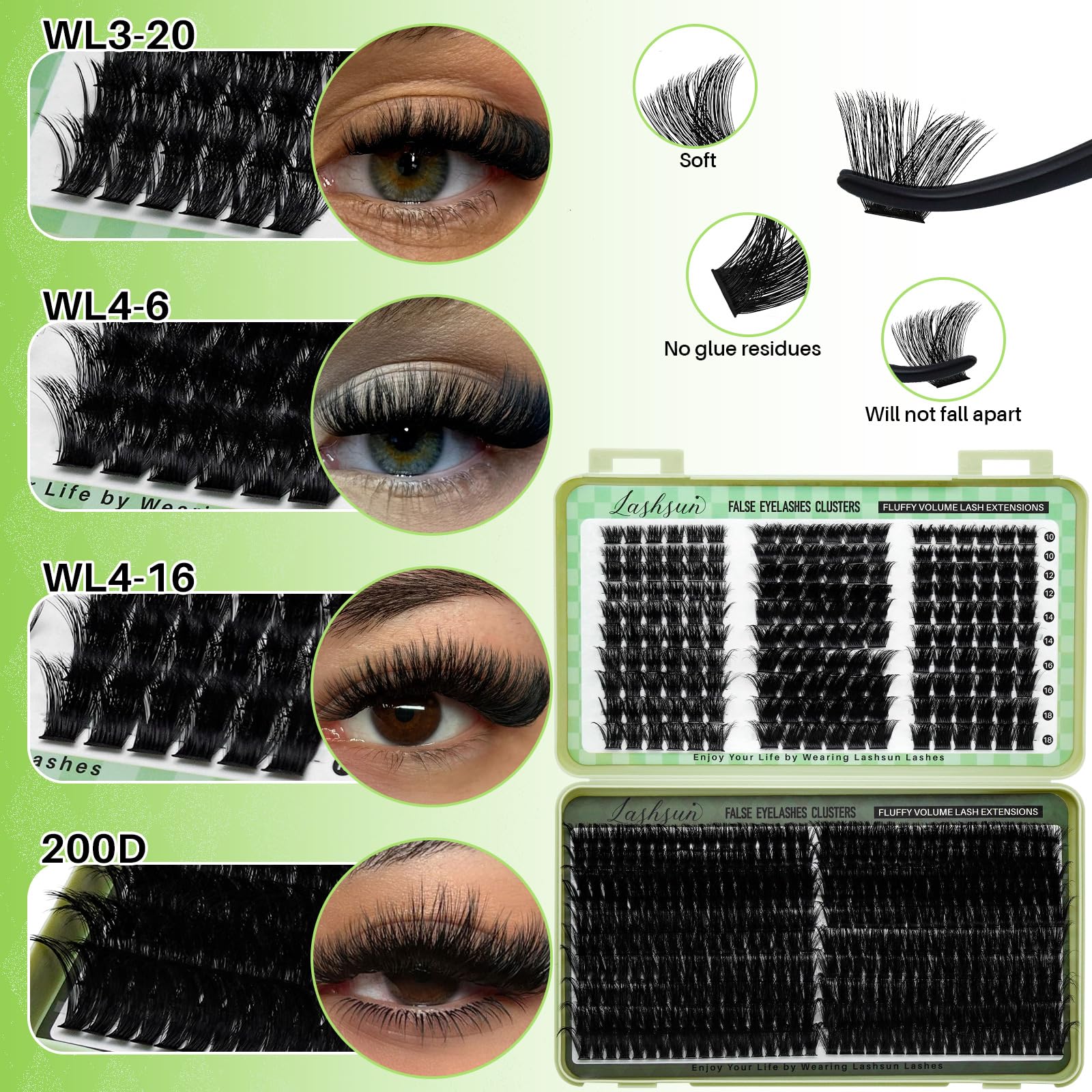 Close-up of cluster lashes on a tray showing natural volume