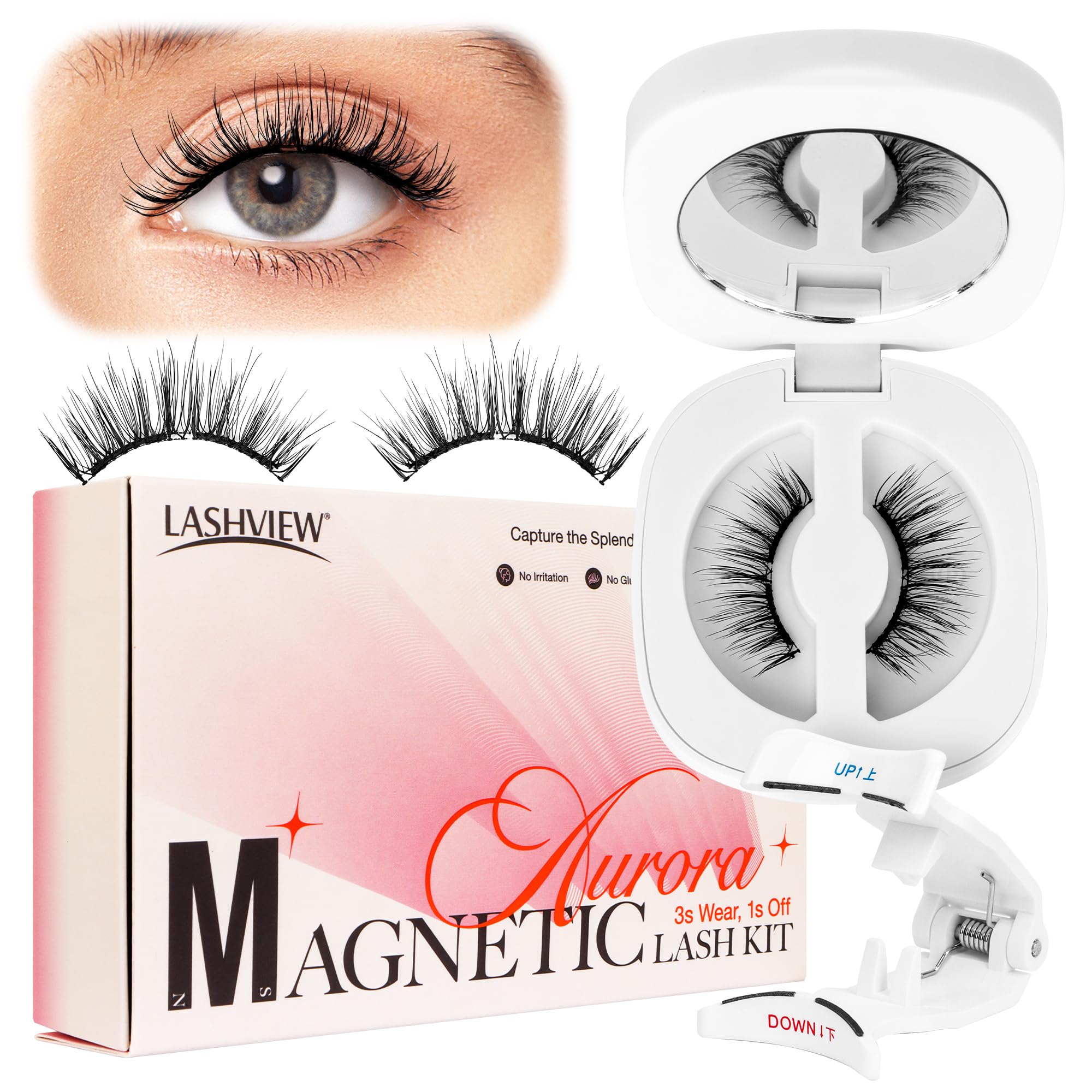 LASHVIEW Aurora magnetic lashes in application view for quick, glue-free wear.