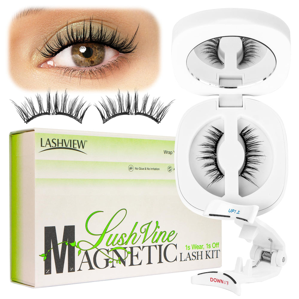 LASHVIEW magnetic eyelashes with applicator for quick, precise application.