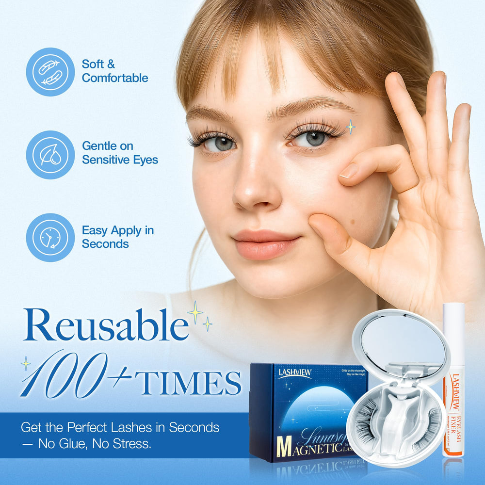 LASHVIEW open kit displaying lashes, applicator, mirror, and fixer.