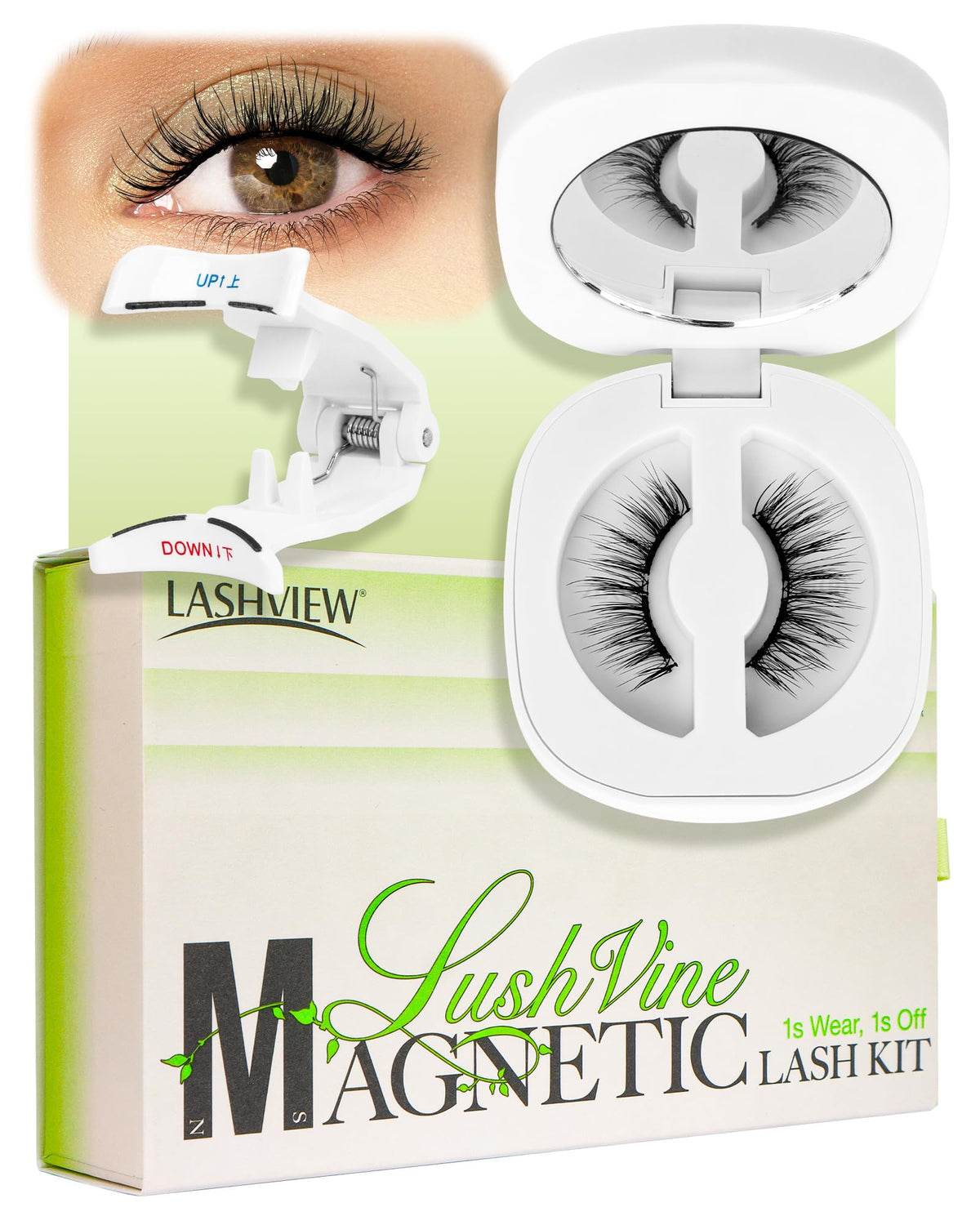 LASHVIEW soft magnetic eyelashes with applicator for glue-free, precise placement.