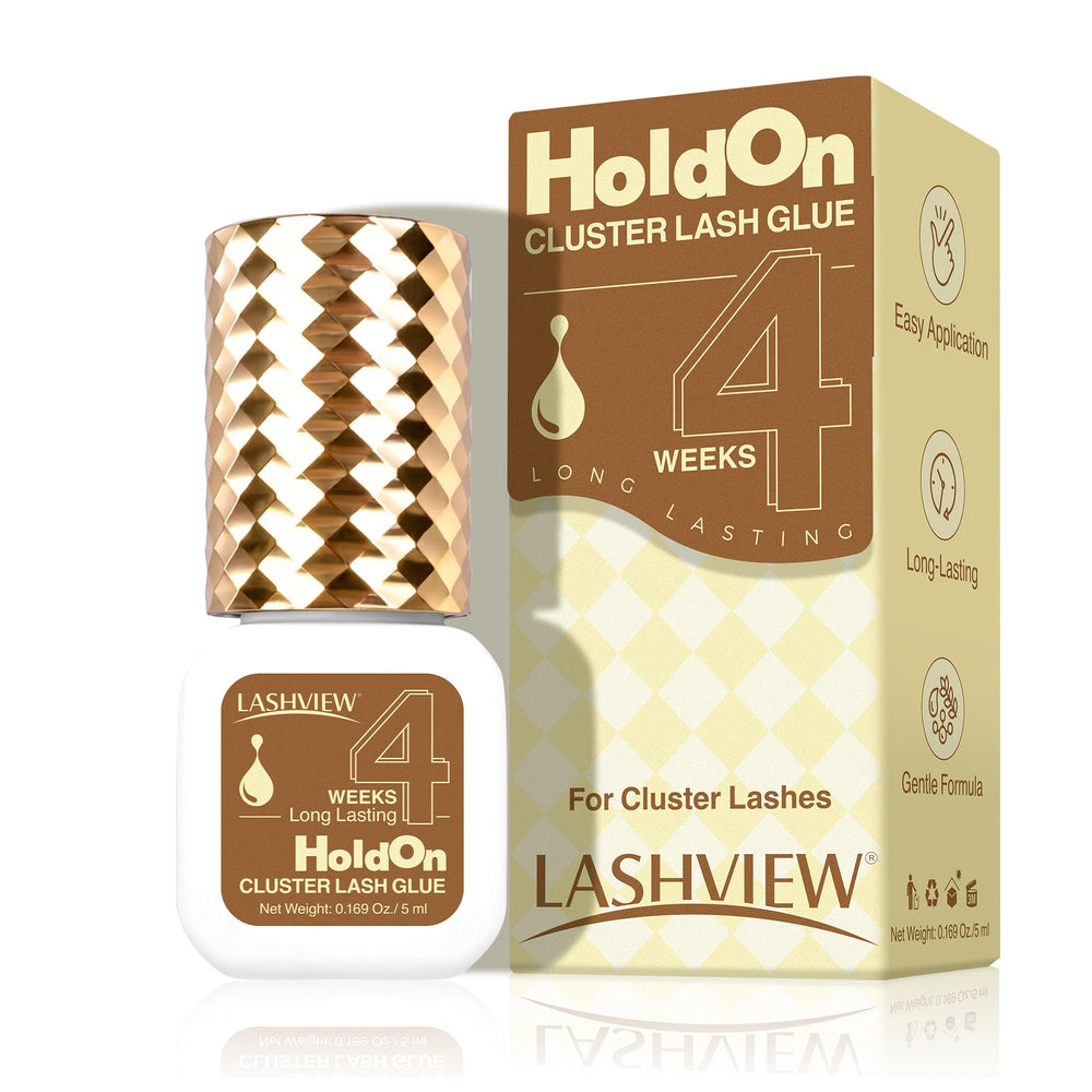 LASHVIEW Upgrade bottle shows precise glue for long-lasting lash clusters.
