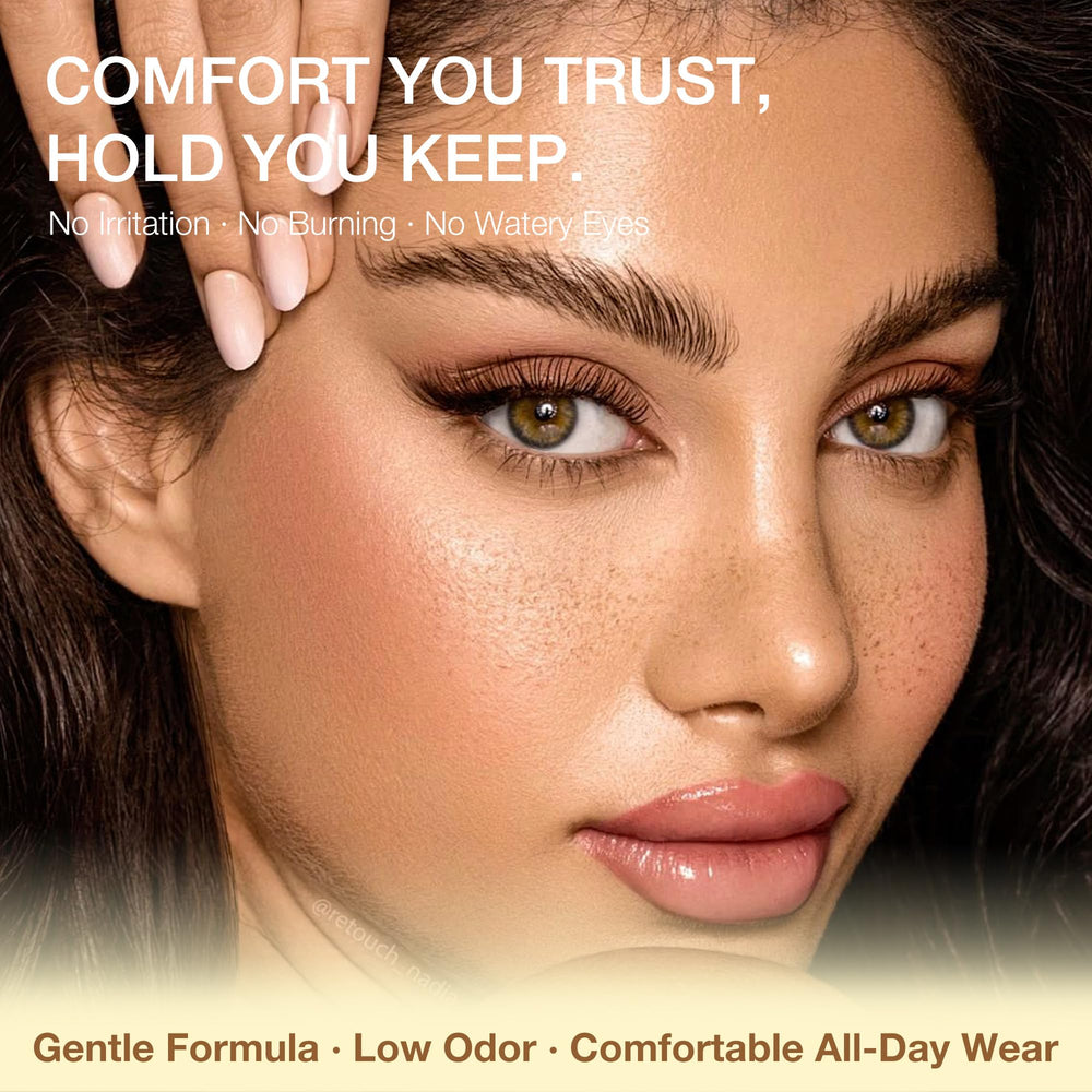 LASHVIEW glue texture droplets illustrate quick-dry application.