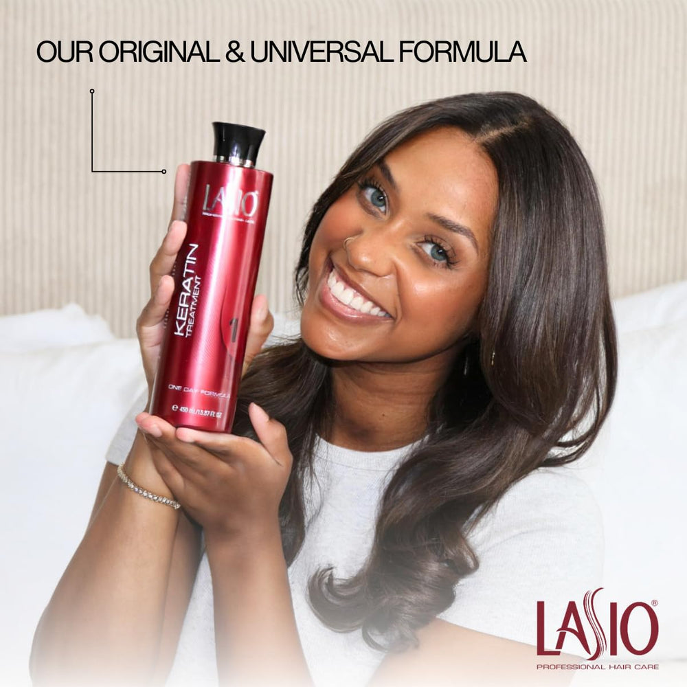 Close-up of Lasio Keratin One Day Treatment keratin-strengthened hair.