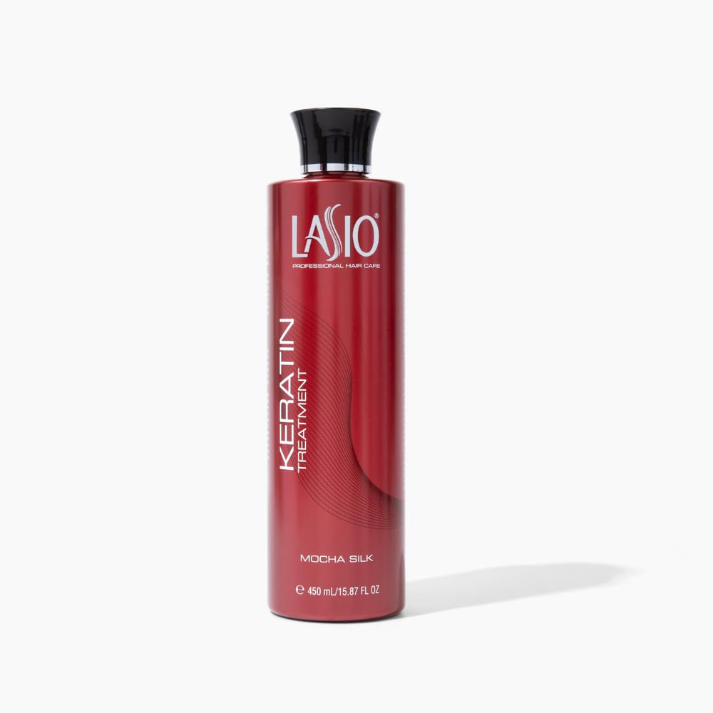 Lasio Mocha Silk Keratin Treatment bottle demonstrates frizz control and salon-grade shine