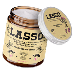 LASSO TALLOW frankincense citrus balm bottle promotes hydrated, radiant skin.