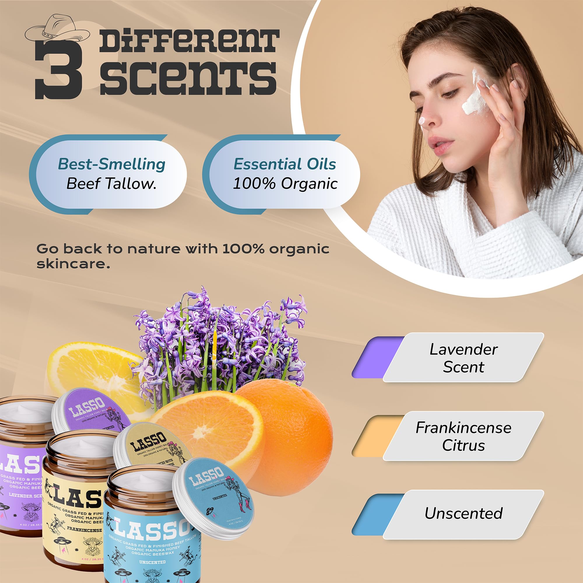 LASSO TALLOW glow face moisturizer suggests a subtle, healthy sheen.