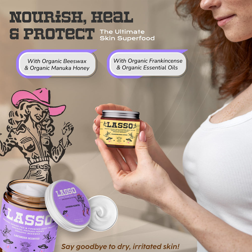 LASSO TALLOW grass-fed tallow origin highlights responsibly sourced skincare.