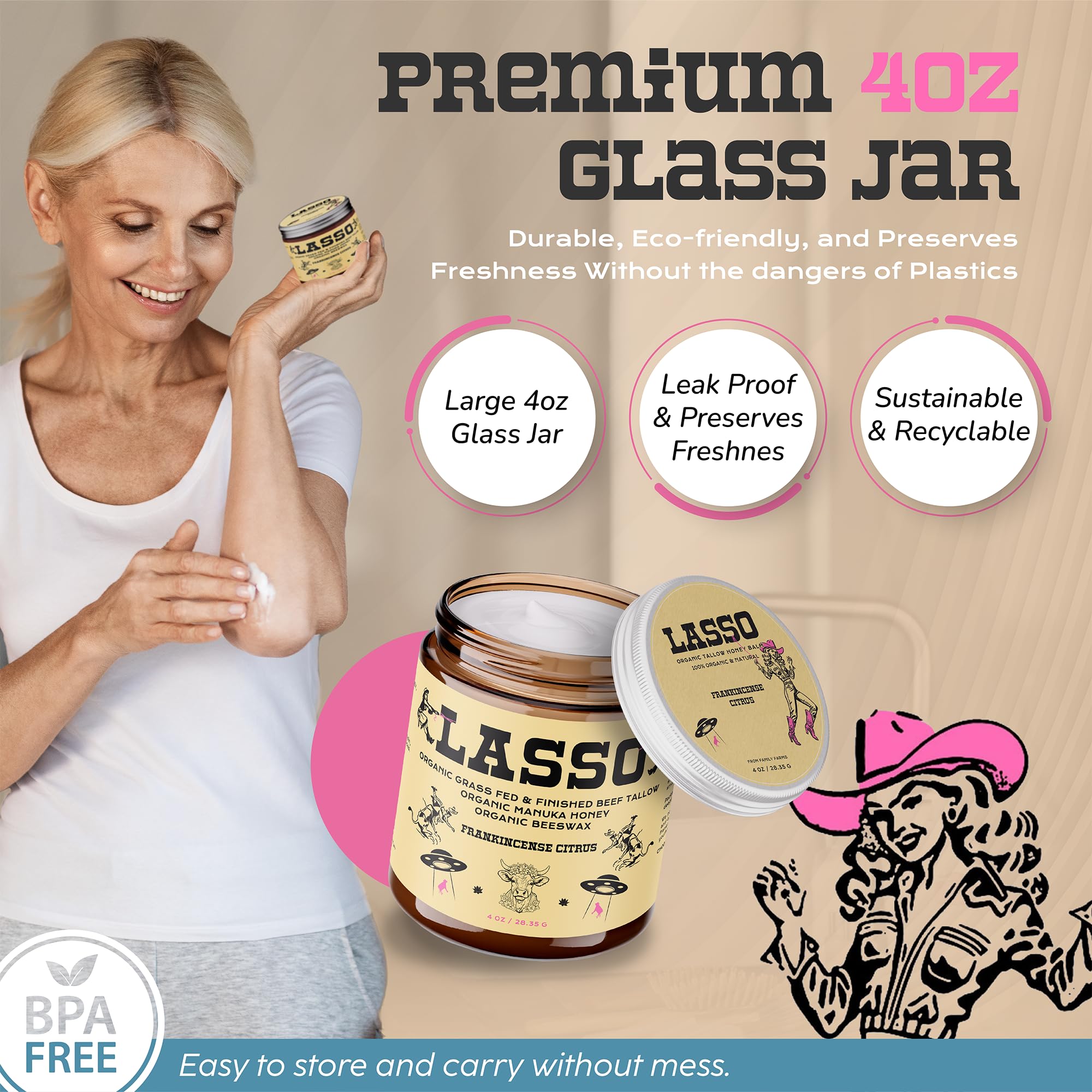 LASSO Tallow hand applying balm demonstrating quick absorption and soft skin.