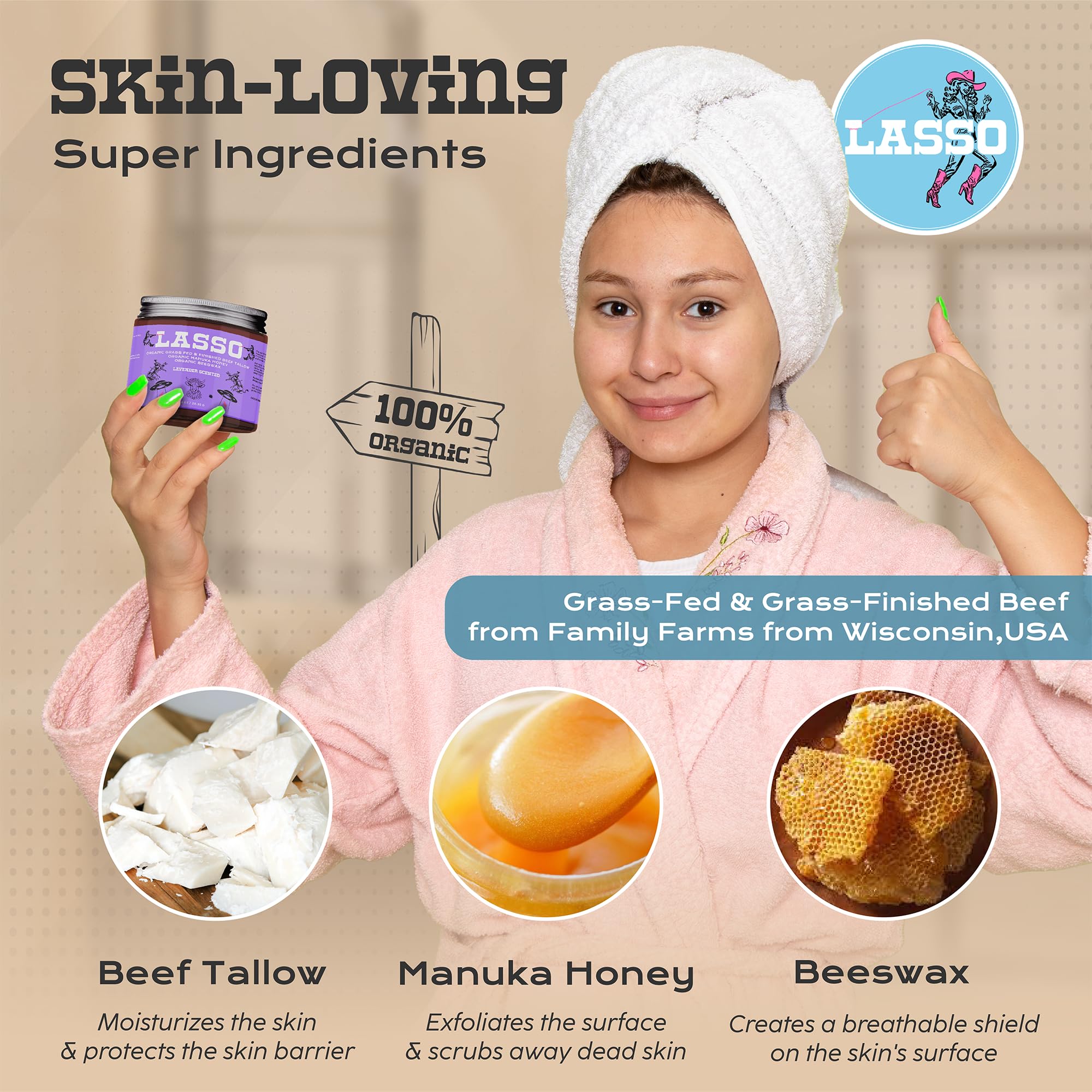 LASSO TALLOW organic beeswax ingredients shot emphasizes clean, natural formulation.