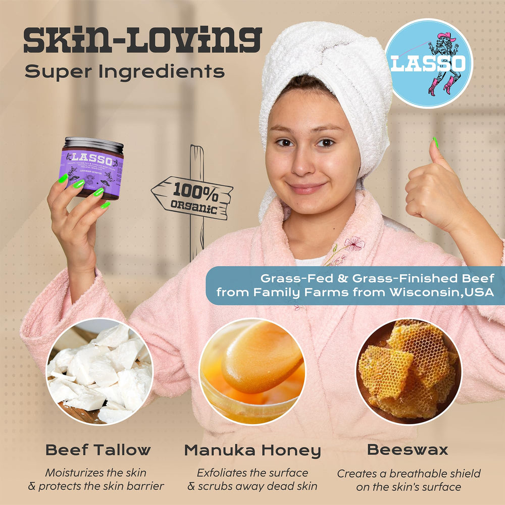 LASSO TALLOW organic beeswax ingredients shot emphasizes clean, natural formulation.