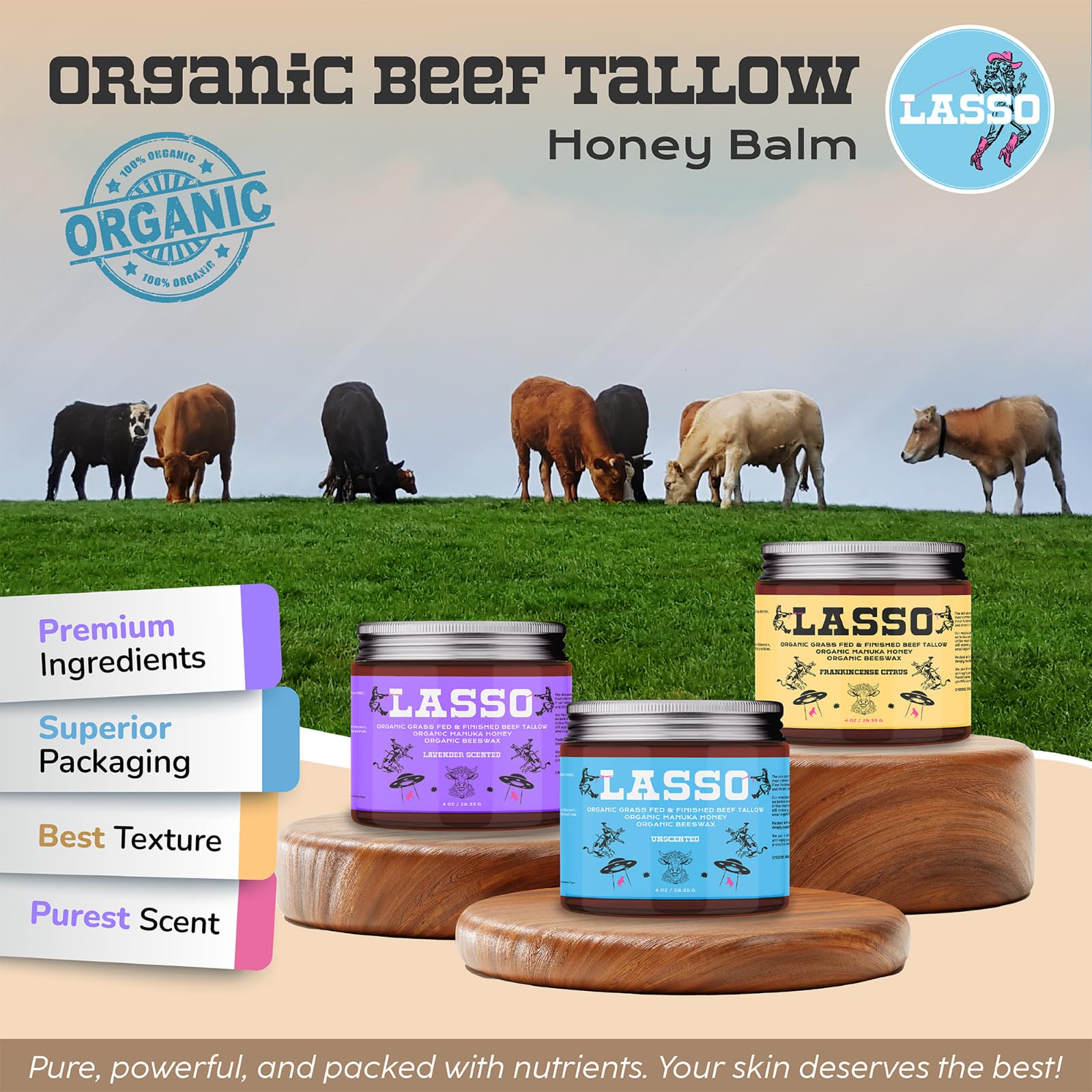 LASSO Tallow organic Manuka honey and beeswax label highlights pure skincare ingredients.