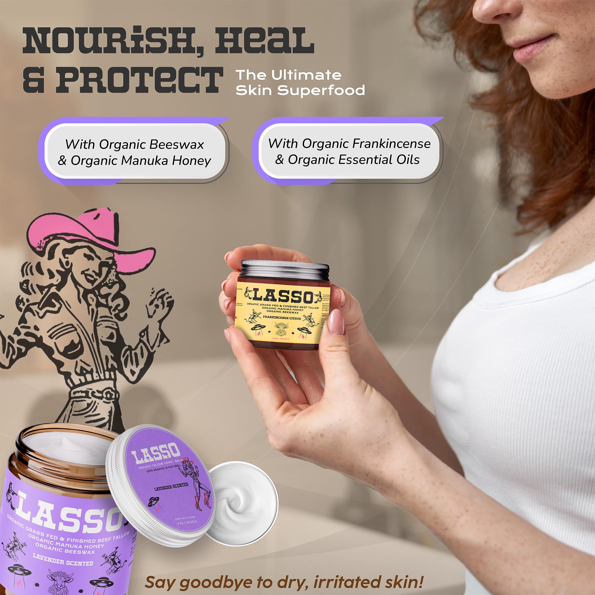 LASSO Tallow small-batch USA-made jar on counter highlighting farm-to-face craft.