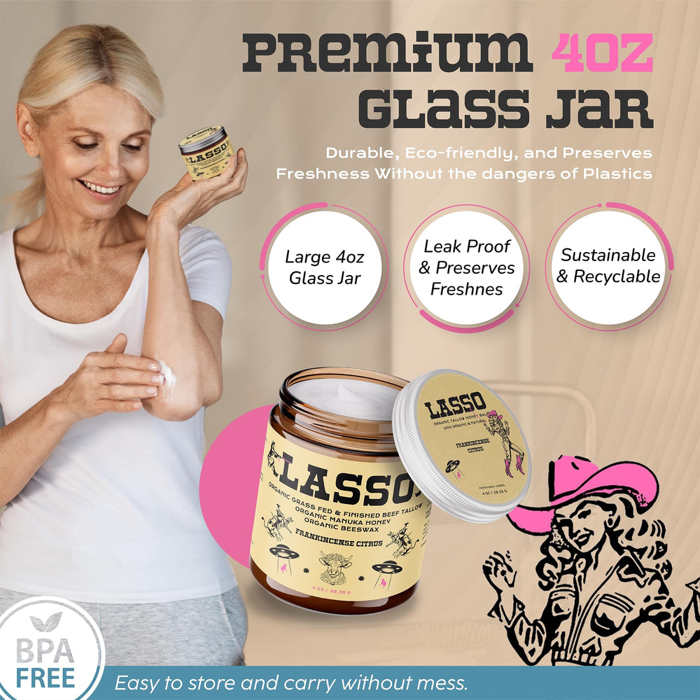 LASSO TALLOW vitamin-rich blend supports nourished-looking skin.