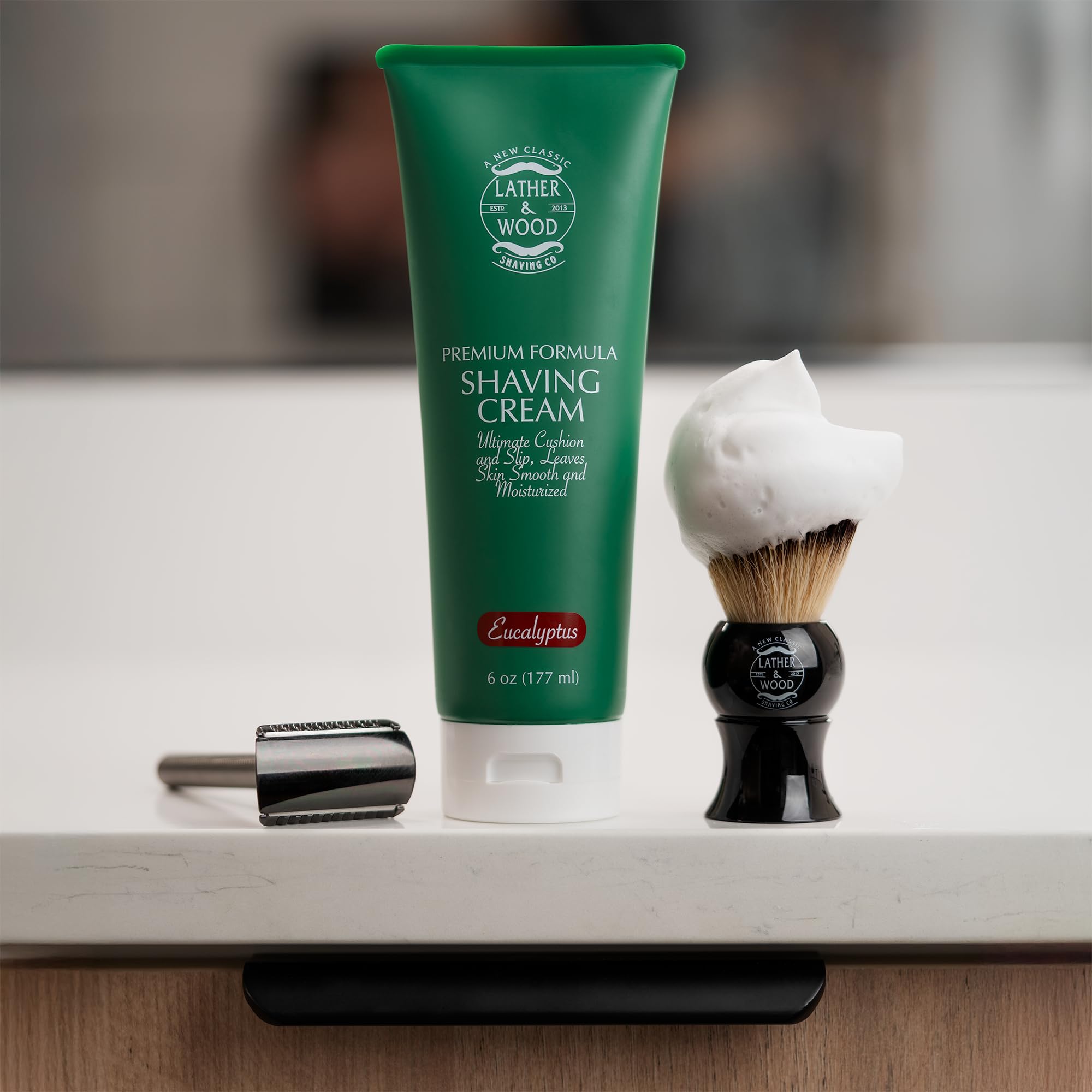 Lather & Wood Shaving Co eucalyptus shaving cream close-up lather showing creamy cushion.