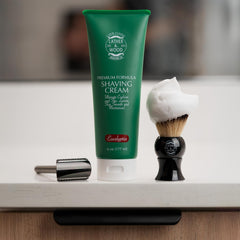Lather & Wood Shaving Co eucalyptus shaving cream close-up lather showing creamy cushion.