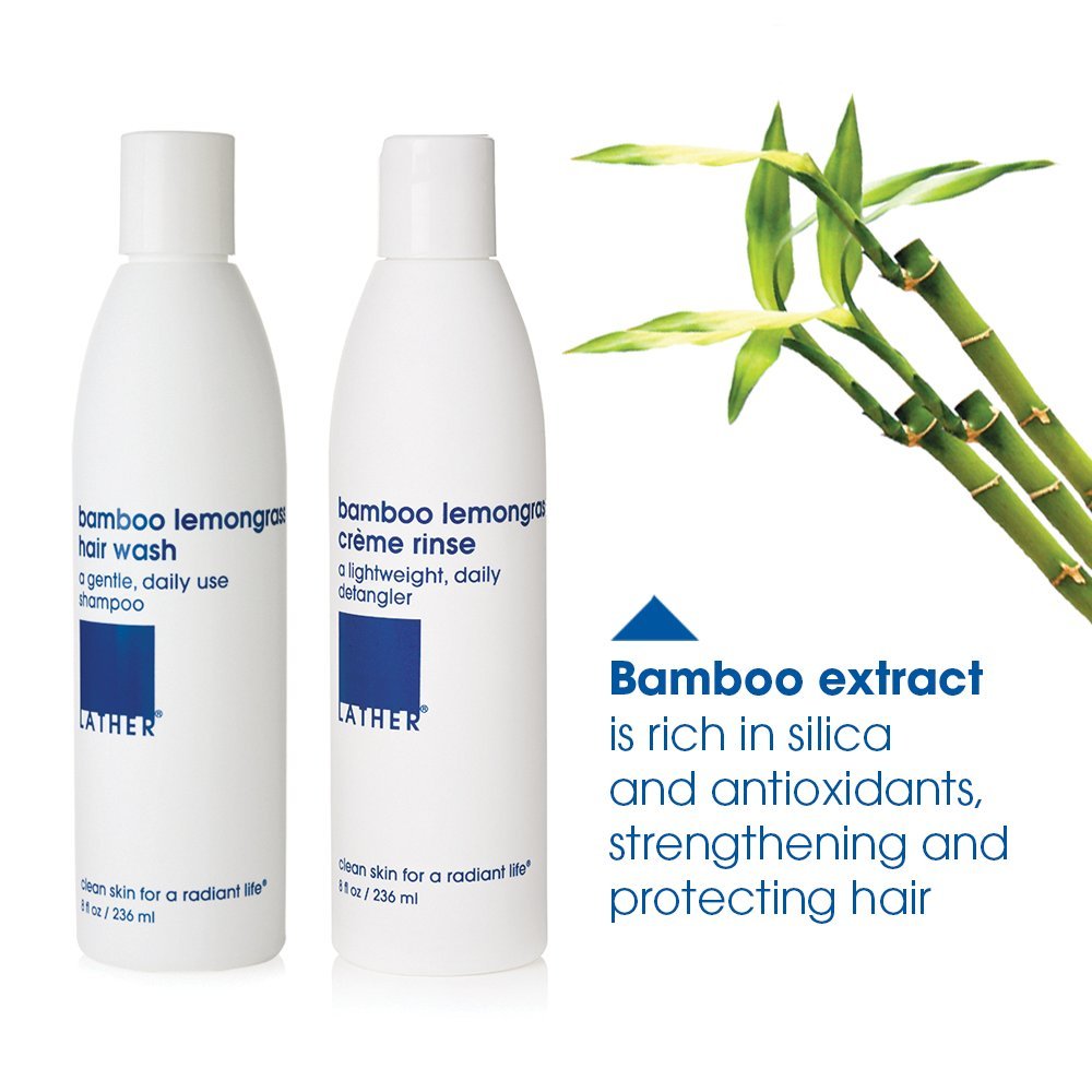 LATHER Bamboo Lemongrass Conditioner pump highlights nourishing formula for smooth, shiny hair.