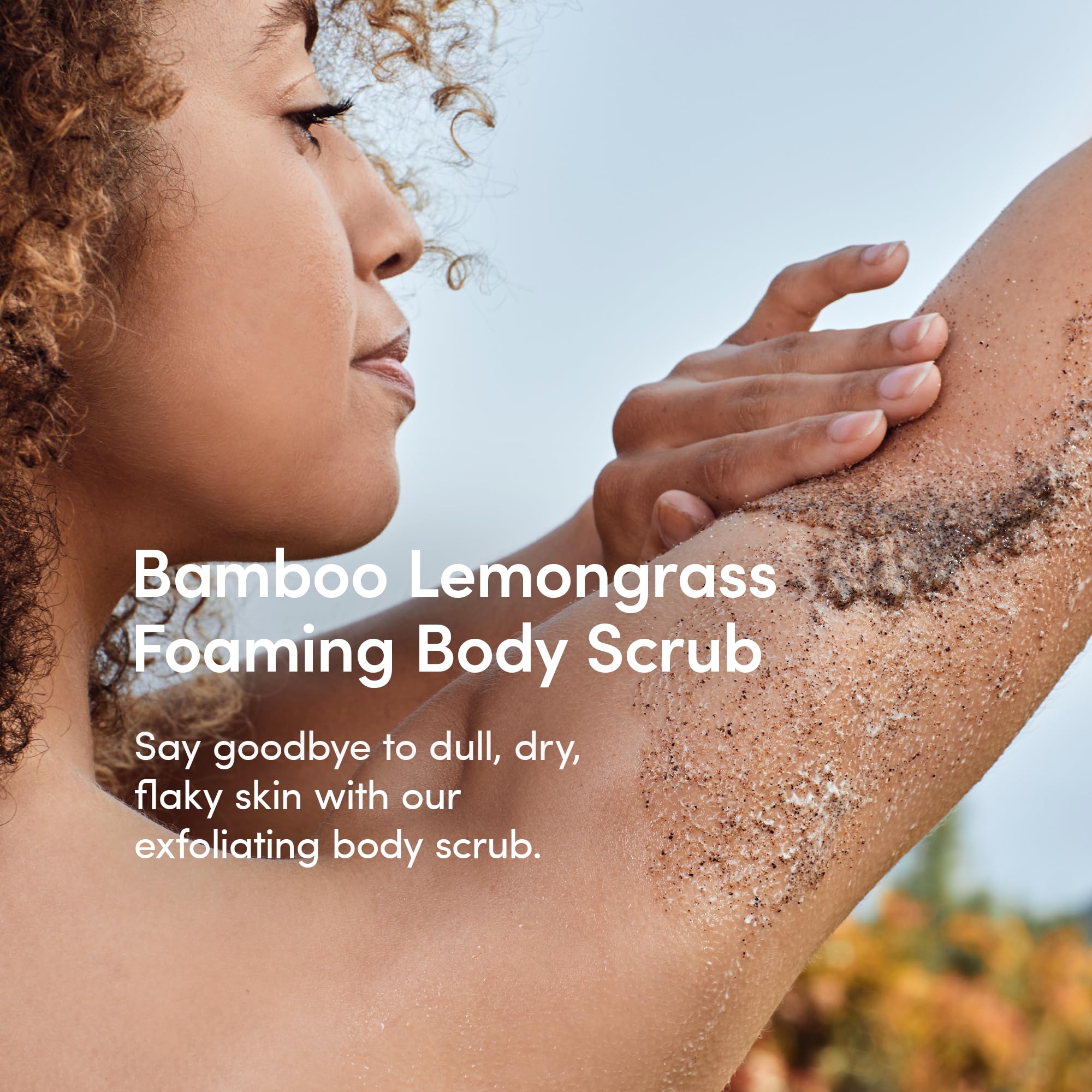 LATHER Bamboo Lemongrass Scrub texture close-up shows gentle buffing.