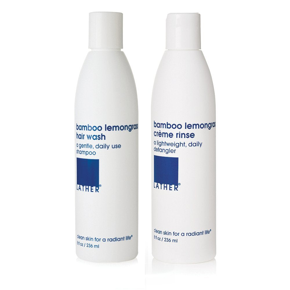 LATHER Bamboo Lemongrass Shampoo bottle highlights refreshing lemongrass aroma for daily cleansing.