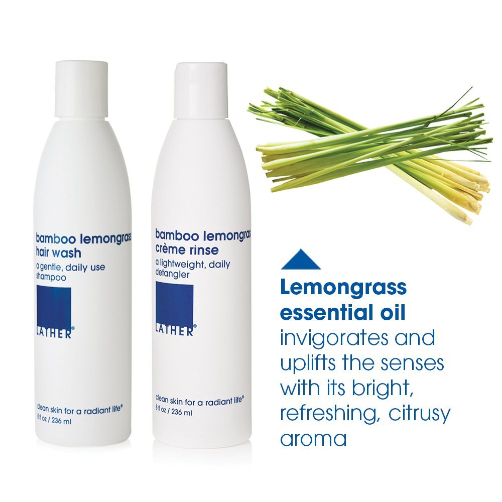 LATHER Bamboo Lemongrass Shampoo label notes sulfate-free, vegan formula and USA manufacturing.