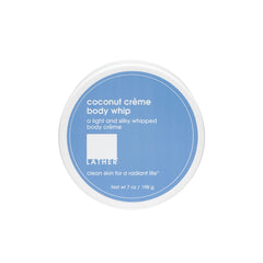 LATHER Body Whip coconut cream jar provides luxurious hydration for daily use.