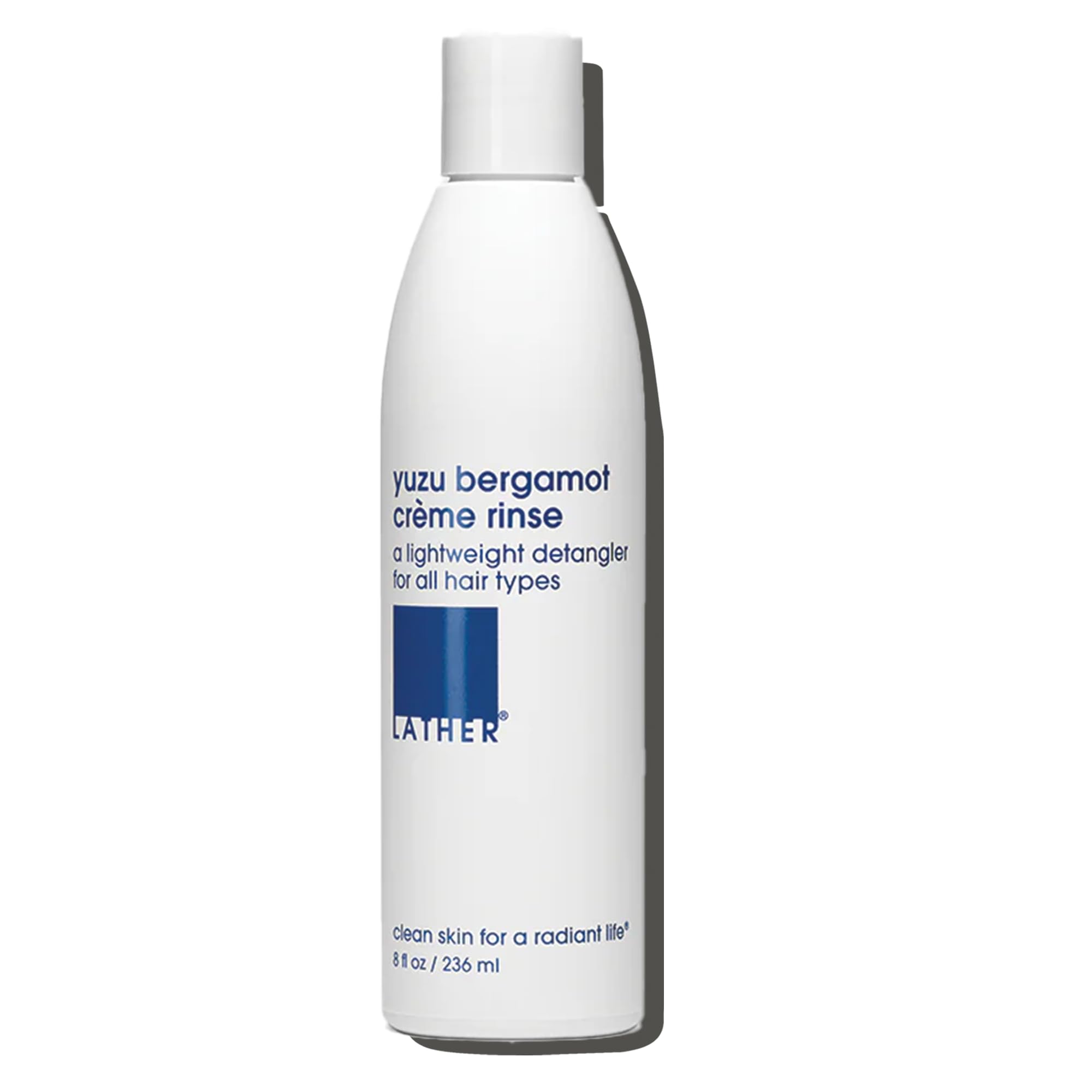 LATHER Yuzu Bergamot Crème Rinse bottle shows a lightweight detangler for all hair types.