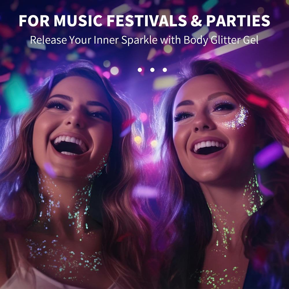 LATIBELL UV black light glitter highlights outfits at parties and festivals.